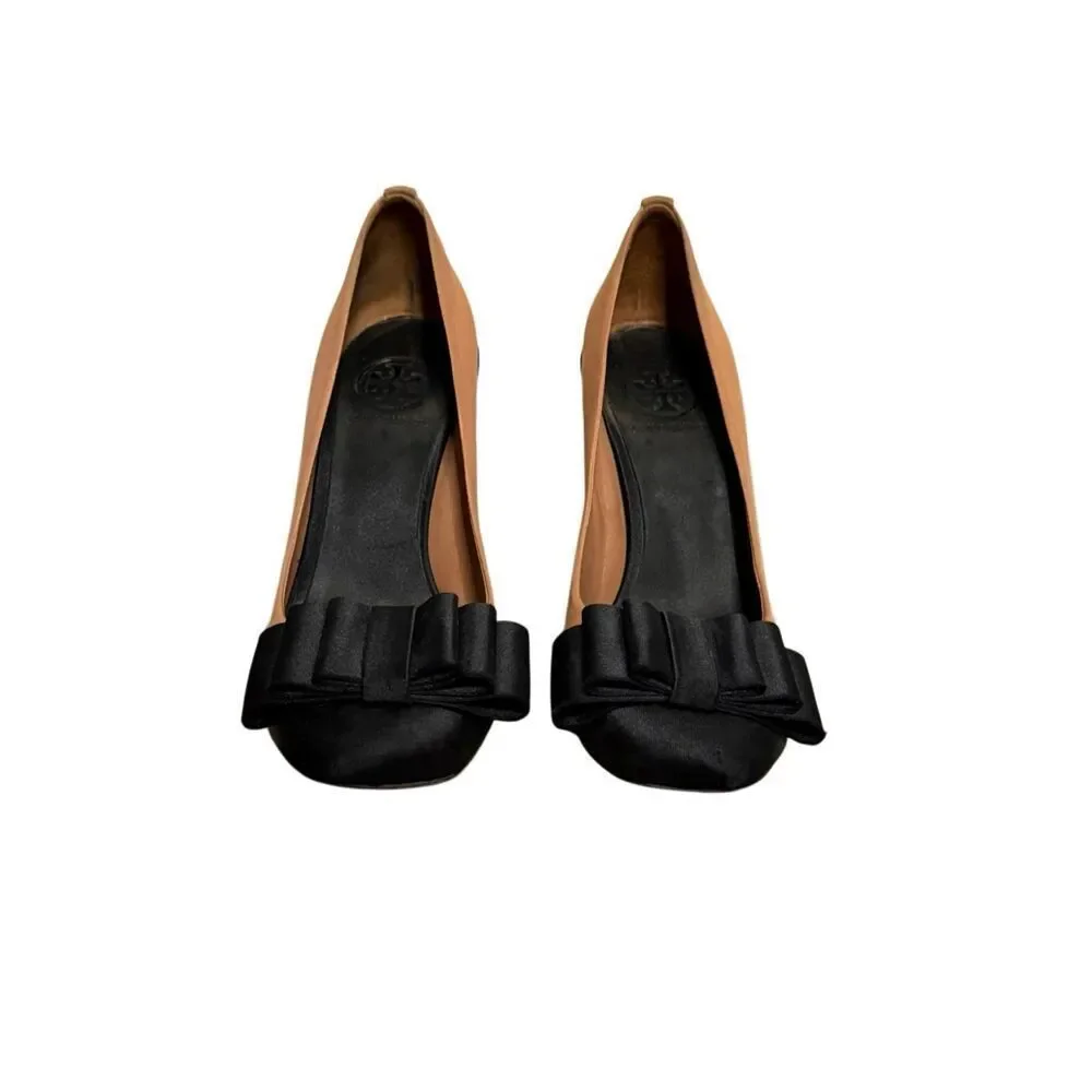 Tory Burch Cicely Champagne & Black Satin Slip-On Block Heels Womens Sz 7.5
